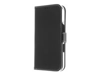 Insmat Exclusive - Vikbart fodral för mobiltelefon - genuint läder, kartong+papper+aluminiumfolie, polykarbonat (PC), bomullssömmar - svart - för Apple iPhone 16 650-3278