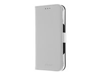 Insmat Exclusive - Vikbart fodral för mobiltelefon - genuint läder, kartong+papper+aluminiumfolie, polykarbonat (PC), bomullssömmar - vit - för Apple iPhone 16 Pro 650-3284