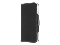 Insmat Exclusive - Vikbart fodral för mobiltelefon - genuint läder, kartong+papper+aluminiumfolie, polykarbonat (PC), bomullssömmar - svart - för Apple iPhone 16 Pro 650-3280