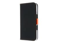 Insmat Exclusive - Vikbart fodral för mobiltelefon - genuint läder, kartong+papper+aluminiumfolie, polykarbonat (PC), bomullssömmar - svart/orange - för Apple iPhone 16 650-3286