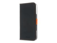 Insmat Exclusive - Vikbart fodral för mobiltelefon - genuint läder, kartong+papper+aluminiumfolie, polykarbonat (PC), bomullssömmar - svart/orange - för Apple iPhone 16 Pro 650-3288