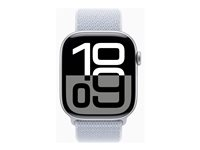 Apple Watch Series 10 (GPS) - 46 mm - silveraluminium - smart klocka med sportögla - mjukt nylon i dubbla lager - blå moln - handledsstorlek: 130-200 mm - 64 GB - Wi-Fi 4, UWB, Bluetooth - 36.4 g MWWN3QN/A