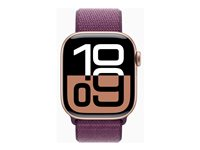 Apple Watch Series 10 (GPS + Cellular) - 42 mm - guldrosa aluminium - smart klocka med sportögla - mjukt nylon i dubbla lager - plommonfärgat - handledsstorlek: 130-200 mm - 64 GB - LTE, Wi-Fi 4, UWB, Bluetooth - 4G - 29.3 g MWXC3QN/A