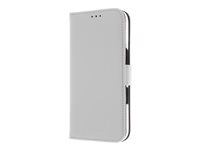 Insmat Exclusive - Vikbart fodral för mobiltelefon - genuint läder, kartong+papper+aluminiumfolie, polykarbonat (PC), bomullssömmar - vit - för Apple iPhone 16 650-3282