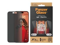 PanzerGlass Privacy - Skärmskydd för mobiltelefon - ultrabred passning med EasyAligner - glas - med sekretessfilter - 6.1" - ramfärg svart - för Apple iPhone 15 Pro P2810