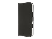 Insmat Exclusive - Vikbart fodral för mobiltelefon - genuint läder, kartong+papper+aluminiumfolie, polykarbonat (PC), bomullssömmar - svart - för Apple iPhone 16 Pro Max 650-3281