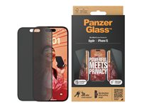 PanzerGlass - Skärmskydd för mobiltelefon - ultrabred passning med EasyAligner - glas - med sekretessfilter - ramfärg svart - för Apple iPhone 15 P2809