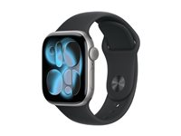 Apple Watch Series 11 (GPS) - 42 mm - rymdgrå aluminium - smart klocka med sportband - fluoroelastomer - svart - bandstorlek: M/L - 64 GB - Wi-Fi 4, UWB, Bluetooth - 30.3 g MEQX4QN/A